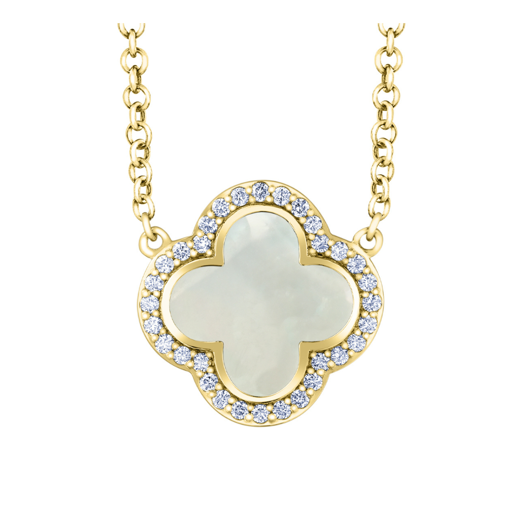 Yellow Gold Clover Shaped Mother of Pearl and Diamond Necklace