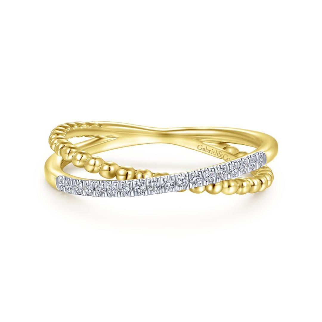 Yellow Gold Beaded Pave Diamond Criss Cross Ring 267909