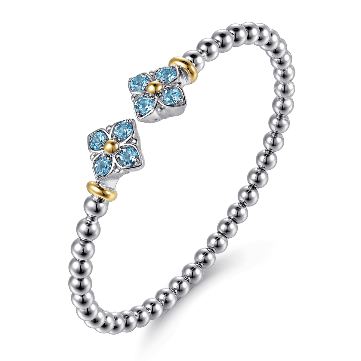 Yellow Gold and Sterling Silver Bujukan Blue Topaz Clovers Bangle Bracelet (605574)