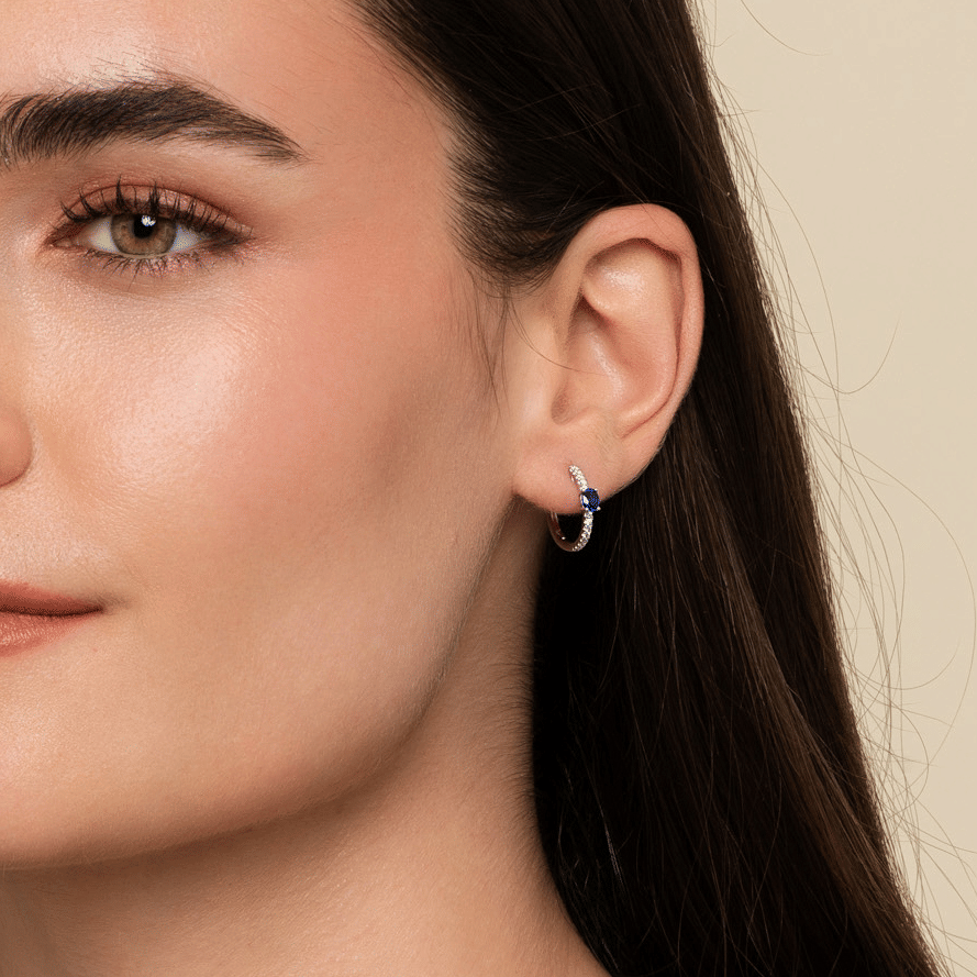 White Gold Diamond and Single Sapphire Huggie Earrings (412231)
