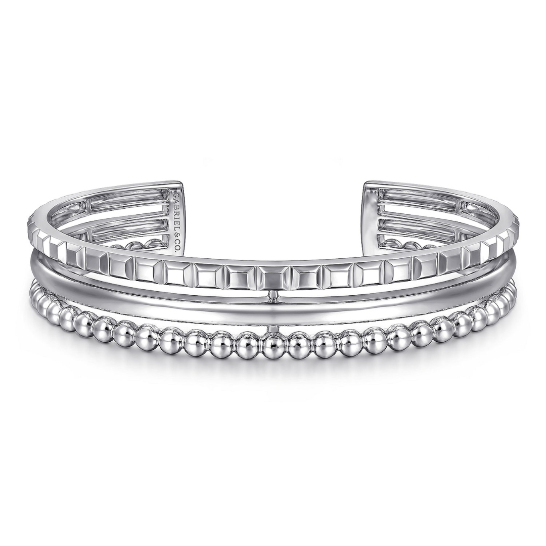 Sterling Silver Bujukan and Pyramid Triple Row Bangle Bracelet (137373)