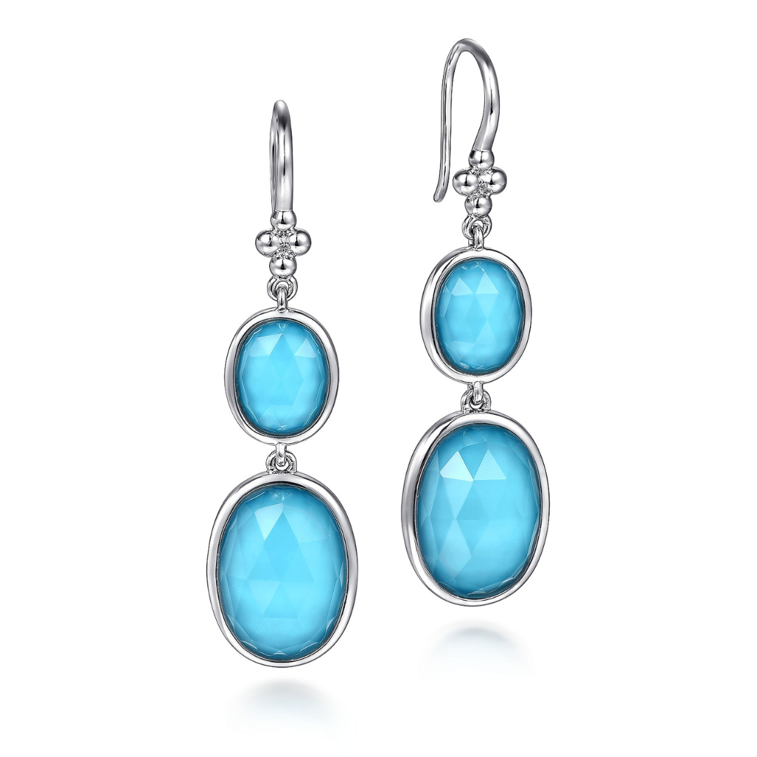 Sterling Silver Rock Crystal and Turquoise Fish Wire Drop Earrings (168181)