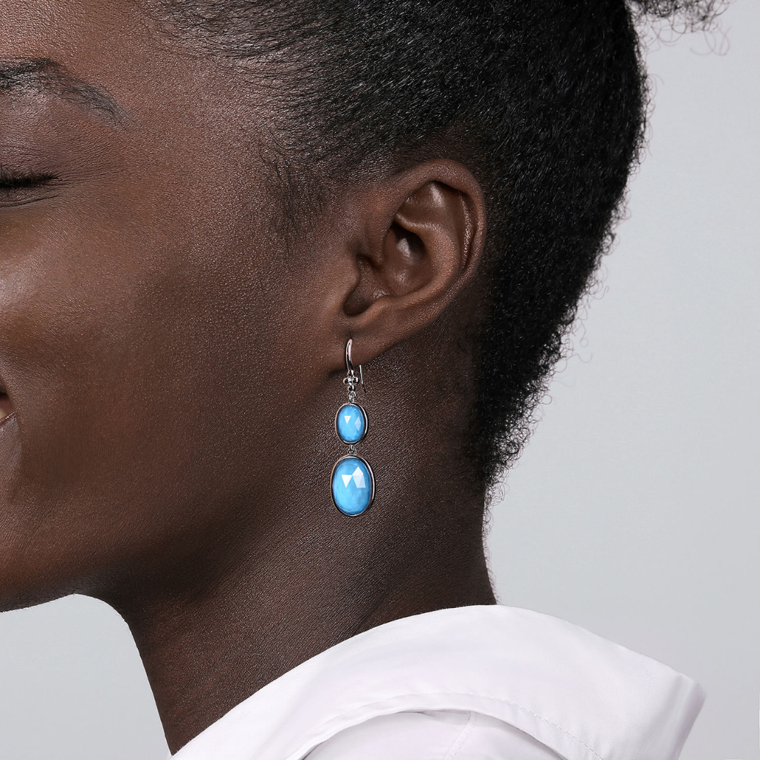 Sterling Silver Rock Crystal and Turquoise Fish Wire Drop Earrings (168181)