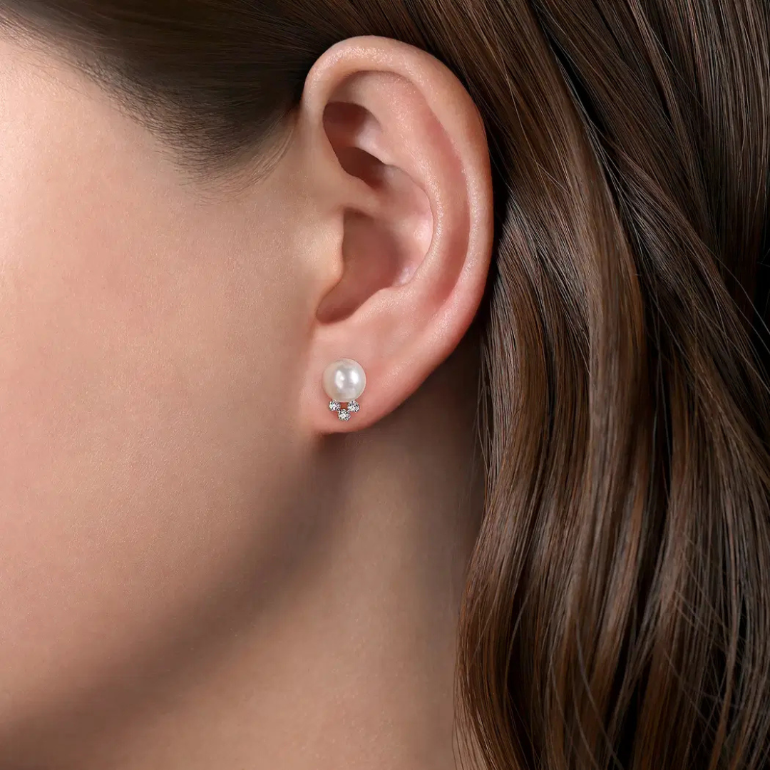White Gold Pearl Post Earrings With Diamond Accents (373912)