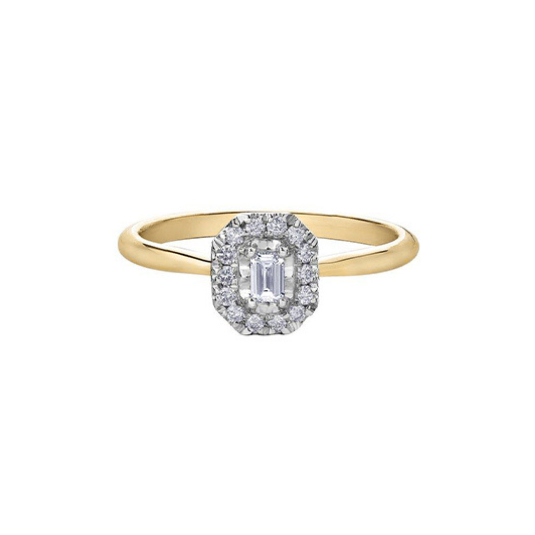 Two Tone Gold Emerald Shaped Diamond Halo Ring (351212)