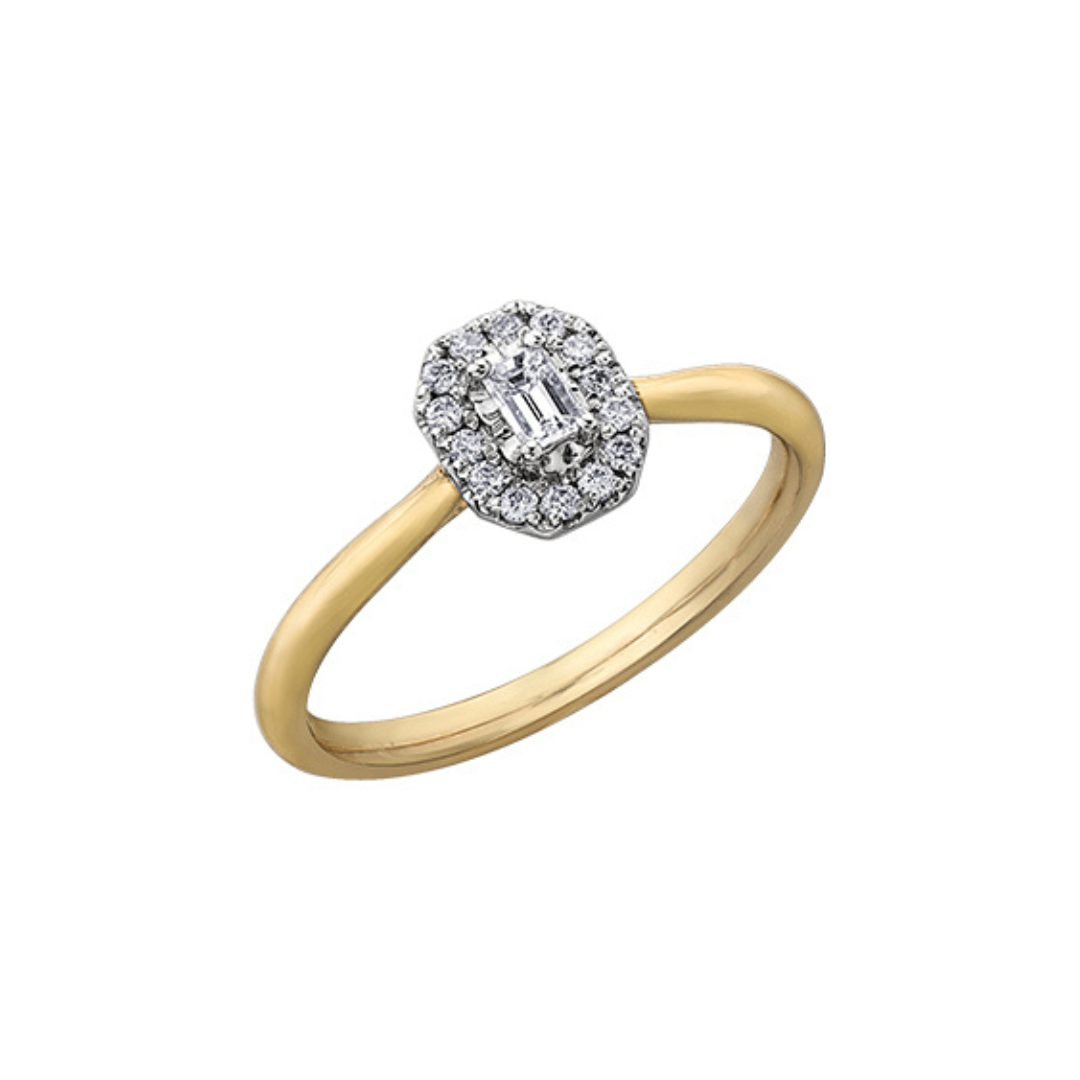 Two Tone Gold Emerald Shaped Diamond Halo Ring (351212)