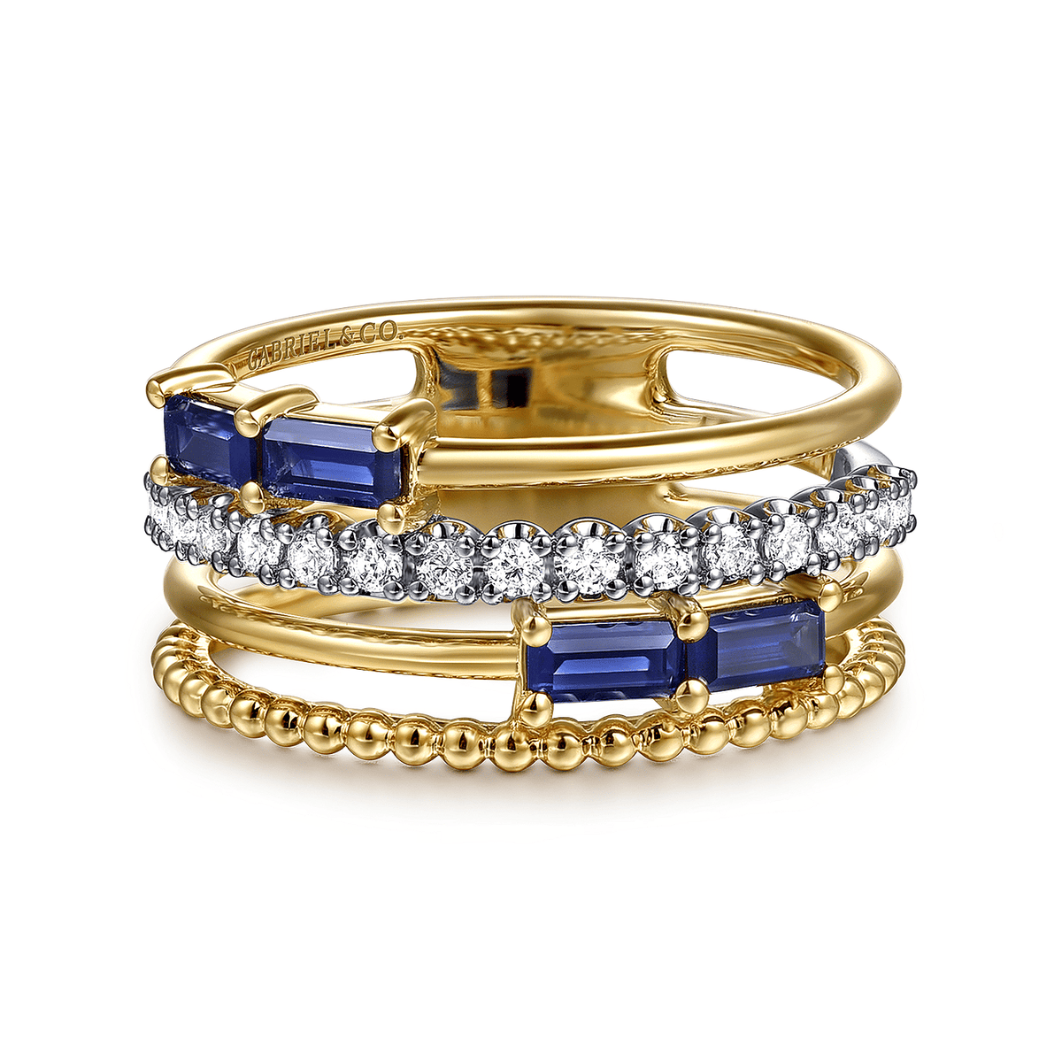 Wide Band Easy-Stack Ring White & Yellow Gold Diamond & Blue Sapphire (613389)
