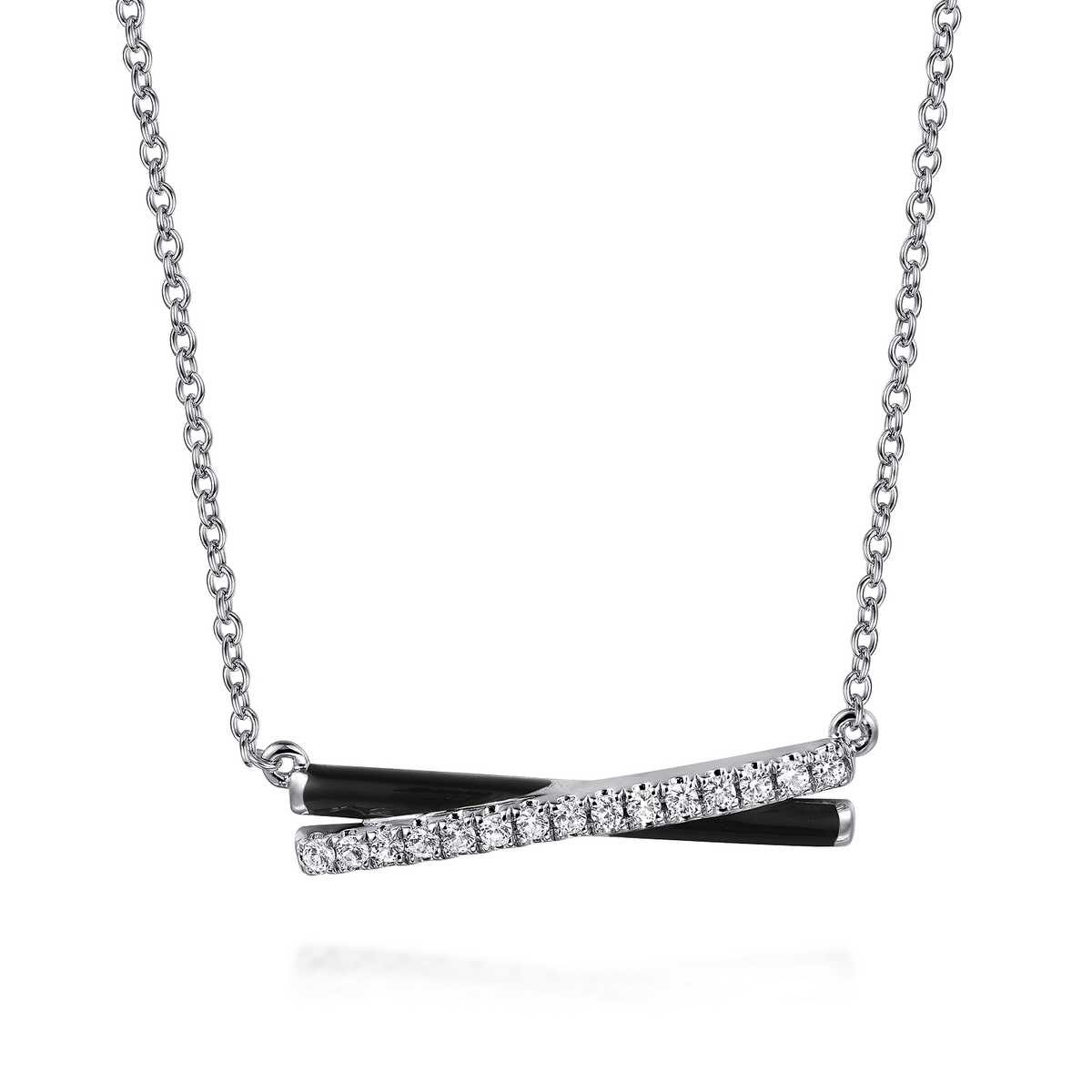 Sterling Silver White Sapphire Criss Cross Bar Necklace with Black Enamel (736071)