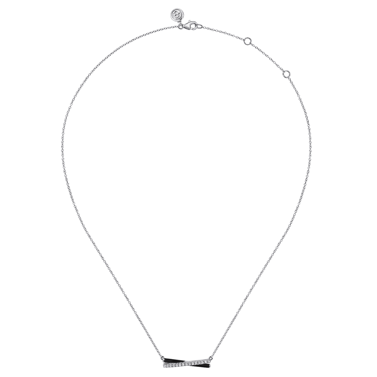 Sterling Silver White Sapphire Criss Cross Bar Necklace with Black Enamel (736071)