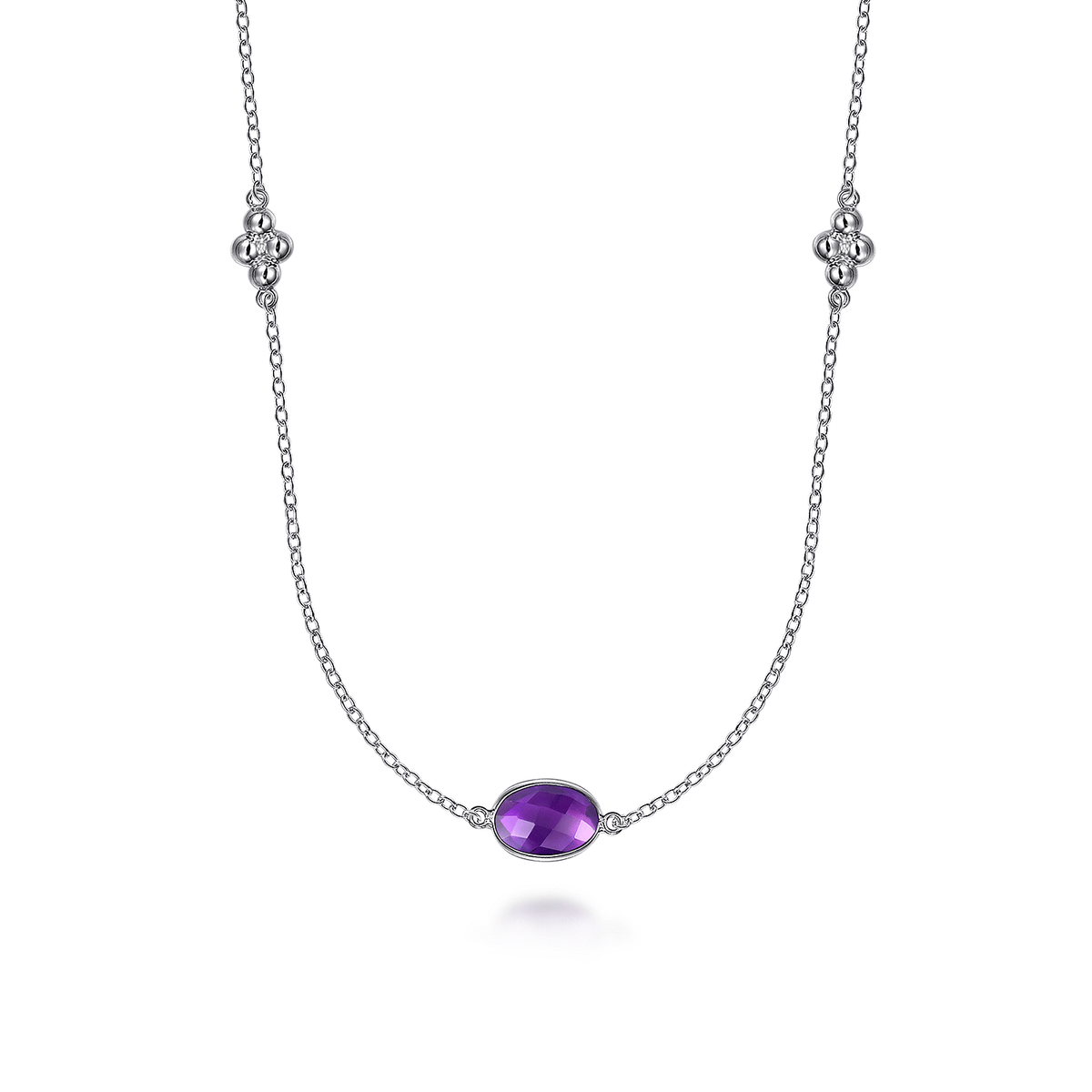 Sterling Silver 32 inch Bezel Oval Amethyst and Bujukan Beads Station Necklace (595426)