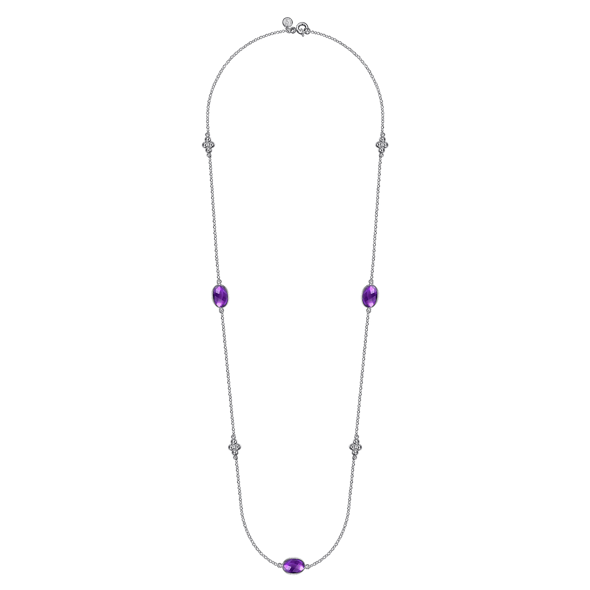 Sterling Silver 32 inch Bezel Oval Amethyst and Bujukan Beads Station Necklace (595426)