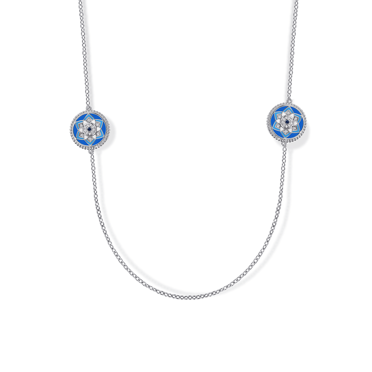 Sterling Silver Bujukan White and Blue Sapphire Station Necklace with Blue, Dust Blue and White Enamel (314904)
