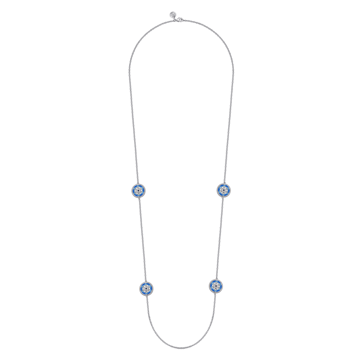 Sterling Silver Bujukan White and Blue Sapphire Station Necklace with Blue, Dust Blue and White Enamel (314904)