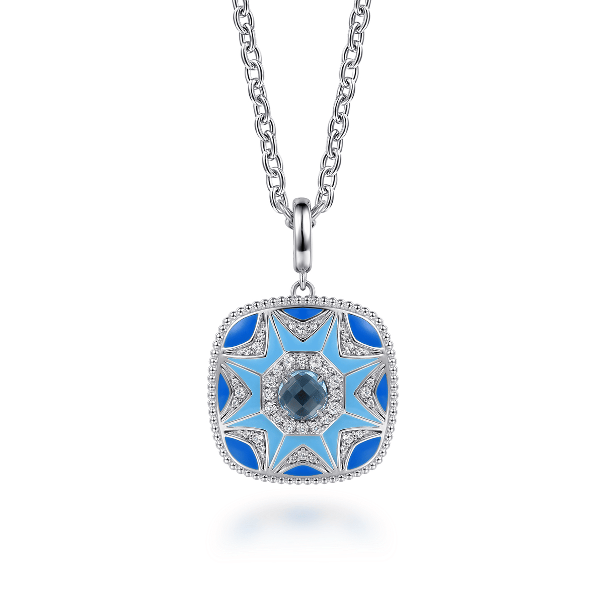 Sterling Silver Bujukan White Sapphire and Blue Topaz Necklace with Blue and Dust Blue Enamel (669778)
